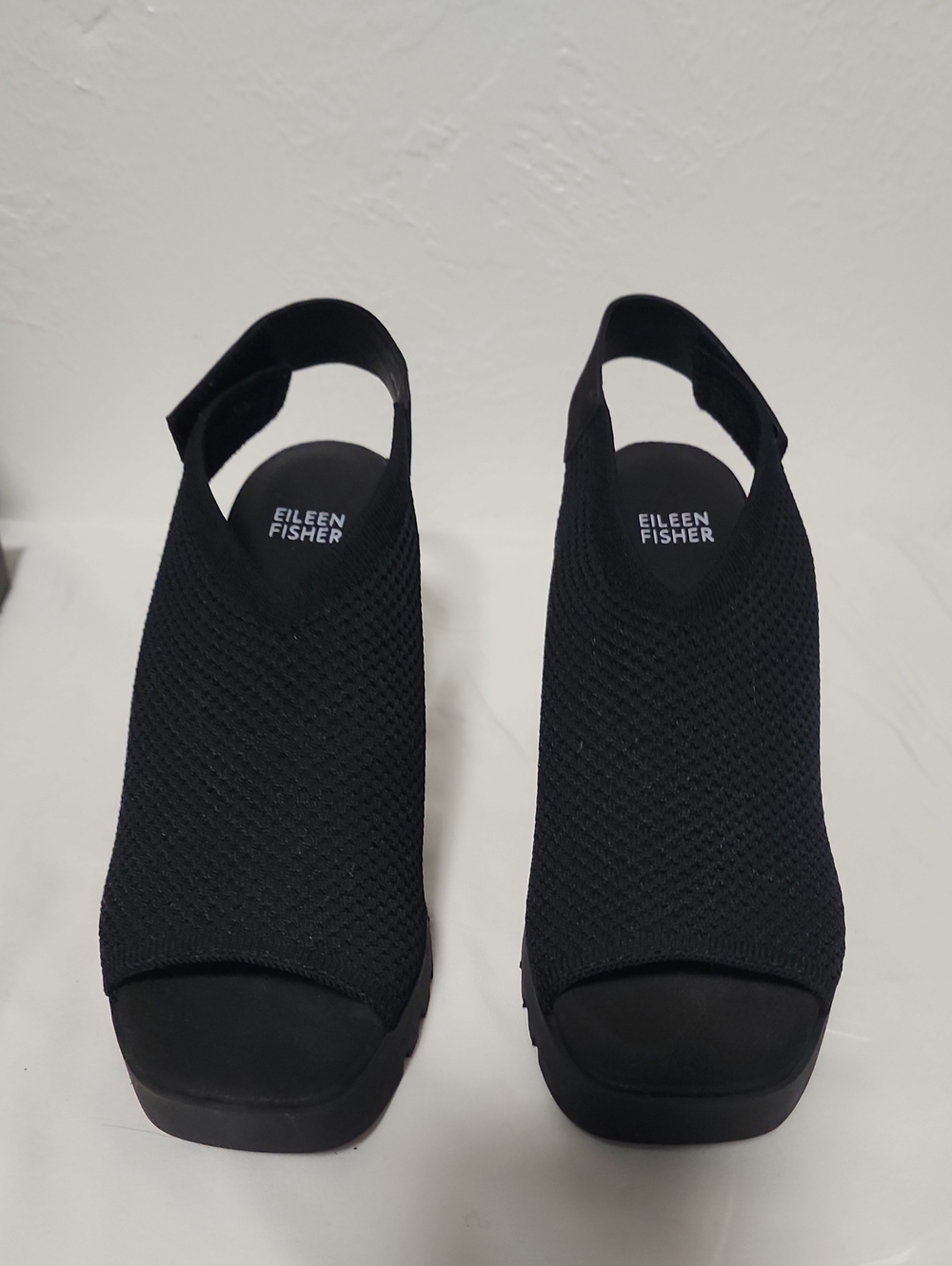 Eileen Fisher Black Knit Open-Toe Slingback Wedge Mules